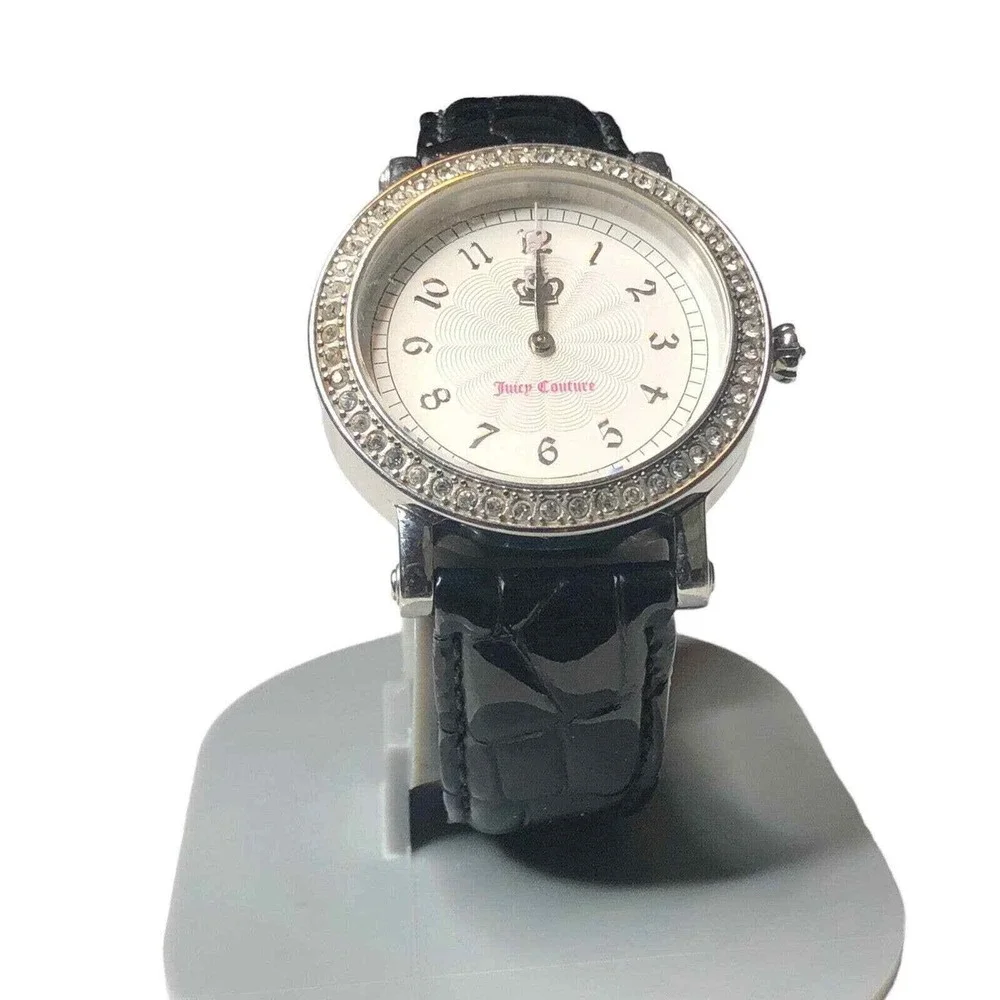 Juicy Couture Women's Watch Black Leather‎ Band Rhinestone Bezel Crown Logo